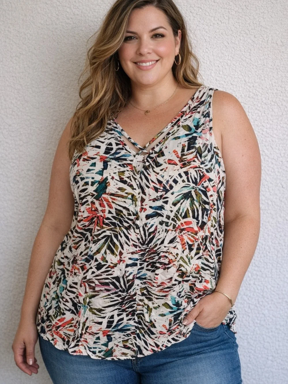Ava & Viv 3X Tropical Print Tank Top Flowy V-Neck Plus Size - Picture 1 of 4
